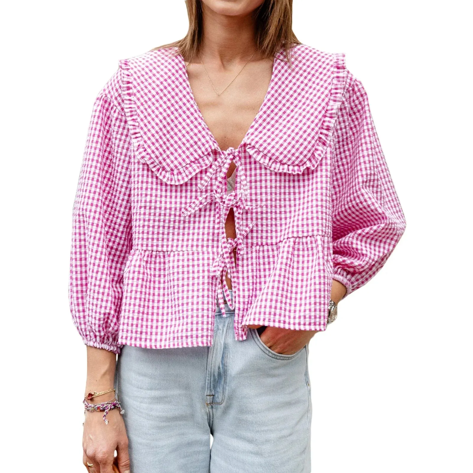 Sweet Babydoll Plaid Lantern Long Sleeve Doll Collar Bow Tie-Up Loose Peplum Streetwear Summer Blouse