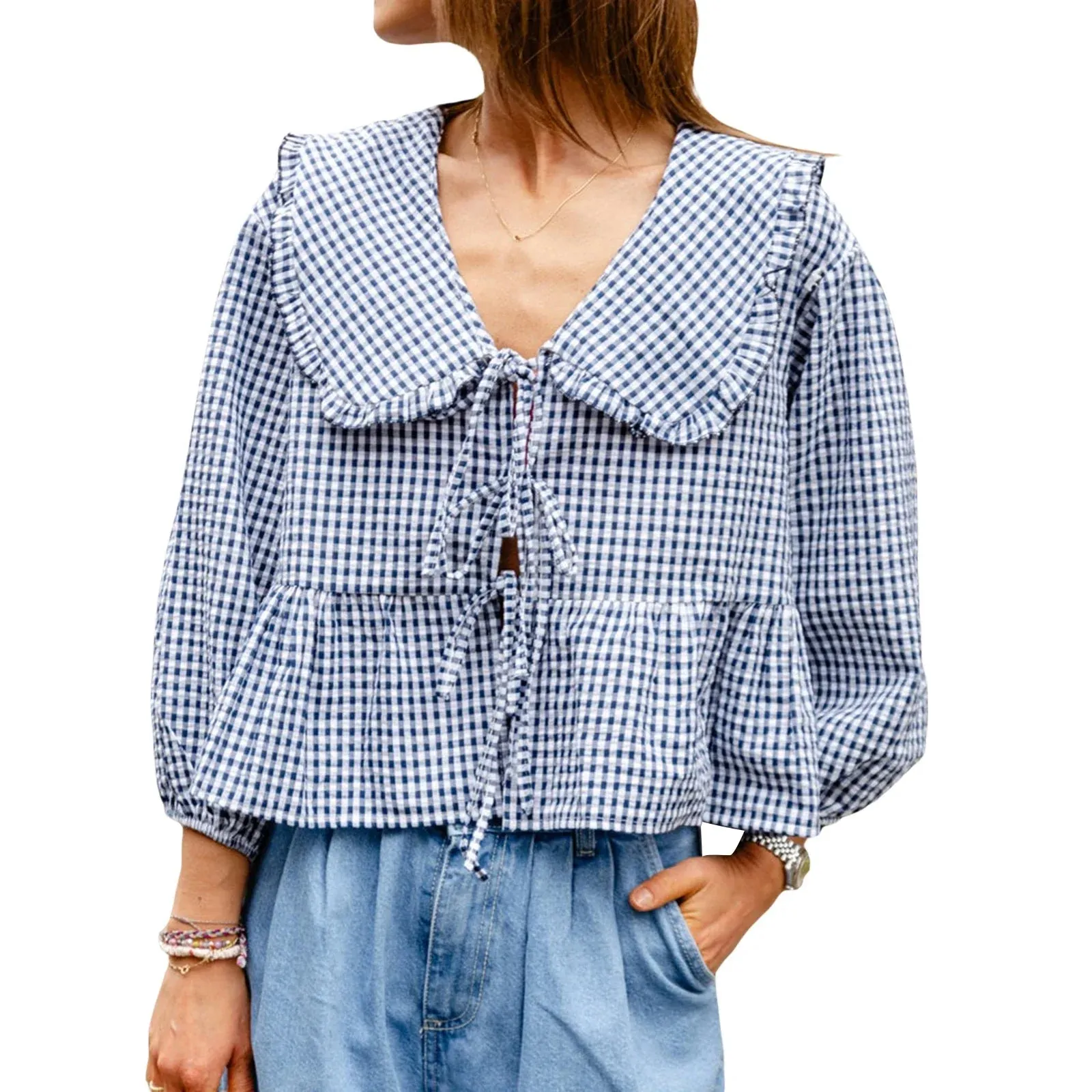 Sweet Babydoll Plaid Lantern Long Sleeve Doll Collar Bow Tie-Up Loose Peplum Streetwear Summer Blouse