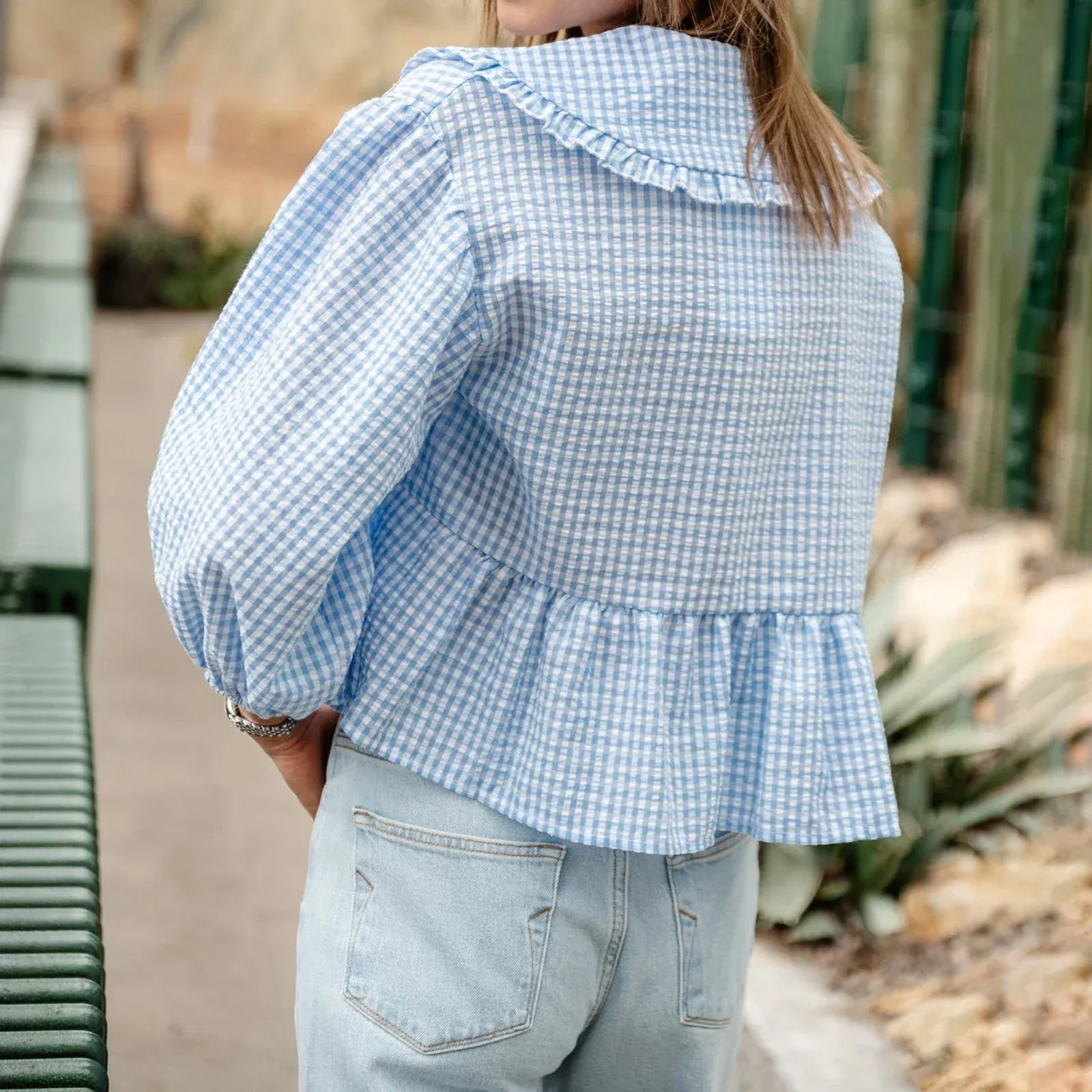 Sweet Babydoll Plaid Lantern Long Sleeve Doll Collar Bow Tie-Up Loose Peplum Streetwear Summer Blouse