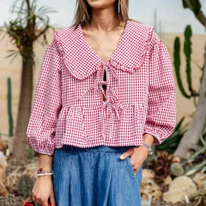 Sweet Babydoll Plaid Lantern Long Sleeve Doll Collar Bow Tie-Up Loose Peplum Streetwear Summer Blouse