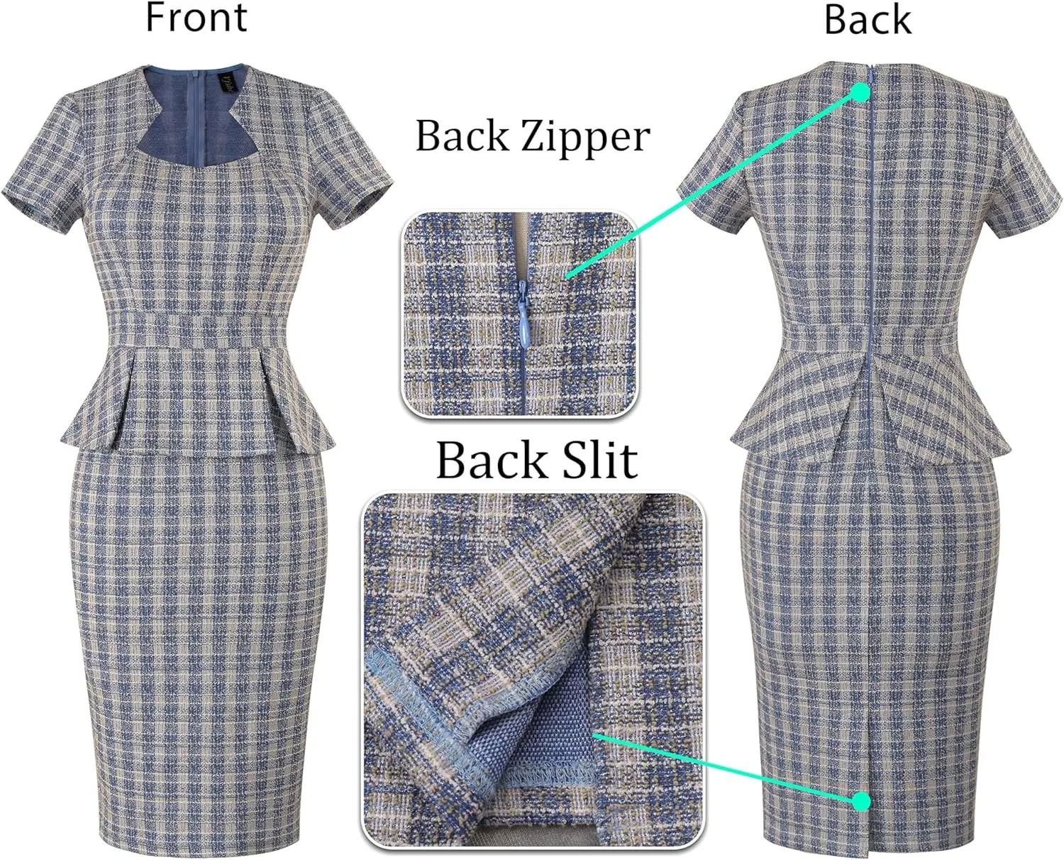 VFSHOW Womens 2025 Summer Work Business Office Bodycon Dress Square Neck Peplum Slim Career Church Pencil Sheath Dresses