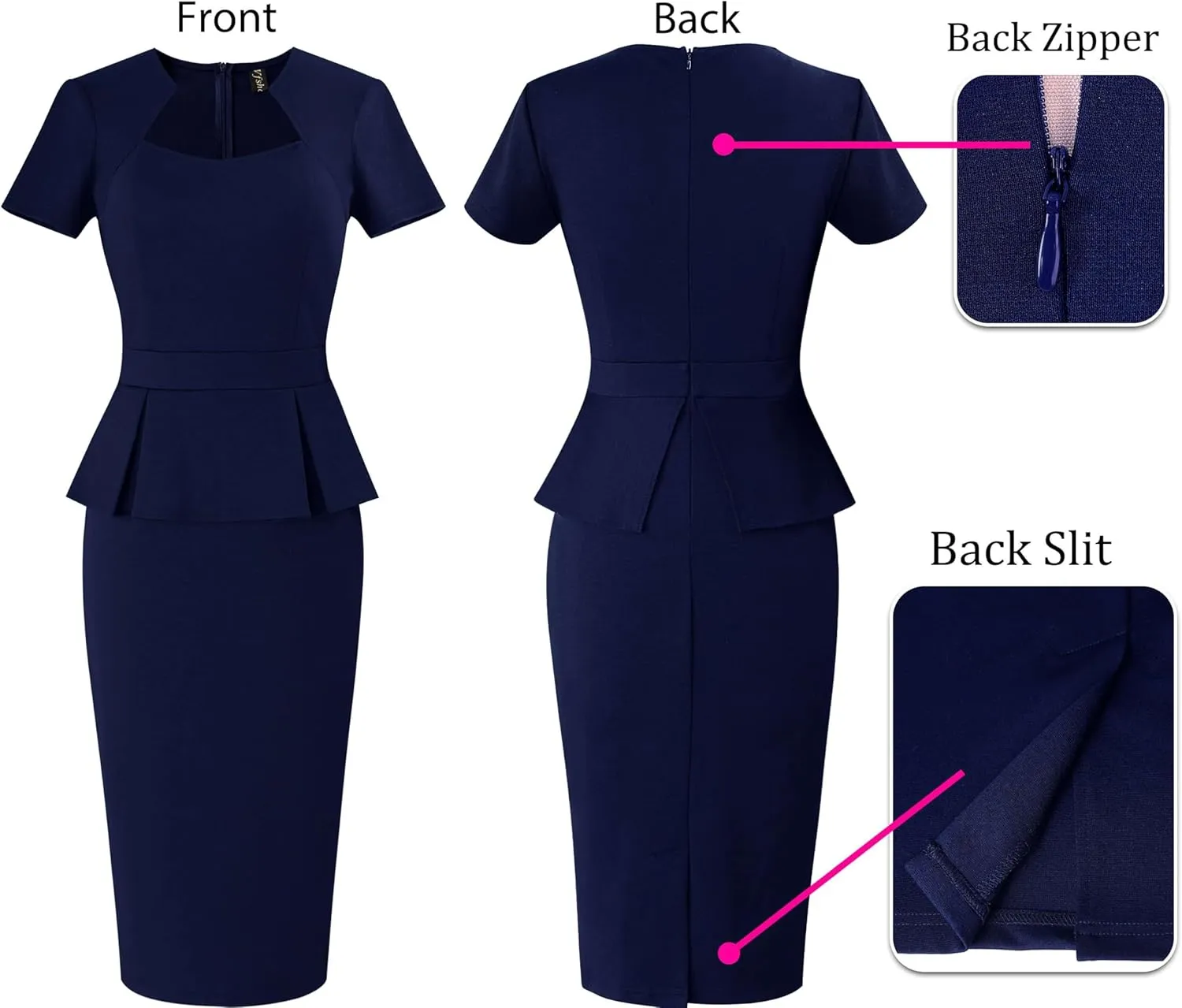 VFSHOW Womens 2025 Summer Work Business Office Bodycon Dress Square Neck Peplum Slim Career Church Pencil Sheath Dresses