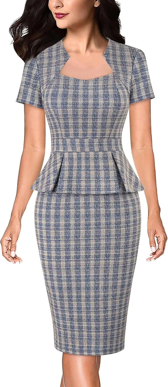 VFSHOW Womens 2025 Summer Work Business Office Bodycon Dress Square Neck Peplum Slim Career Church Pencil Sheath Dresses