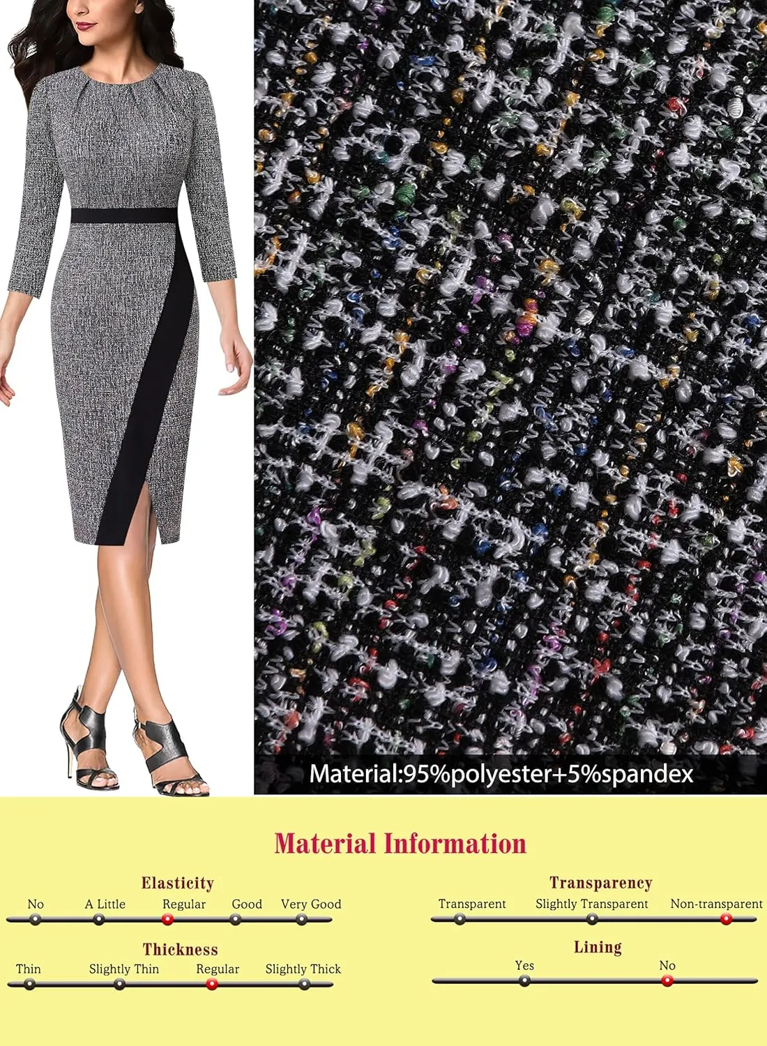 VFSHOW Womens Pleated Crew Neck Front Slit Work Business Office Bodycon Sheath Pencil Dress