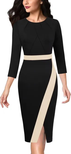 VFSHOW Womens Pleated Crew Neck Front Slit Work Business Office Bodycon Sheath Pencil Dress