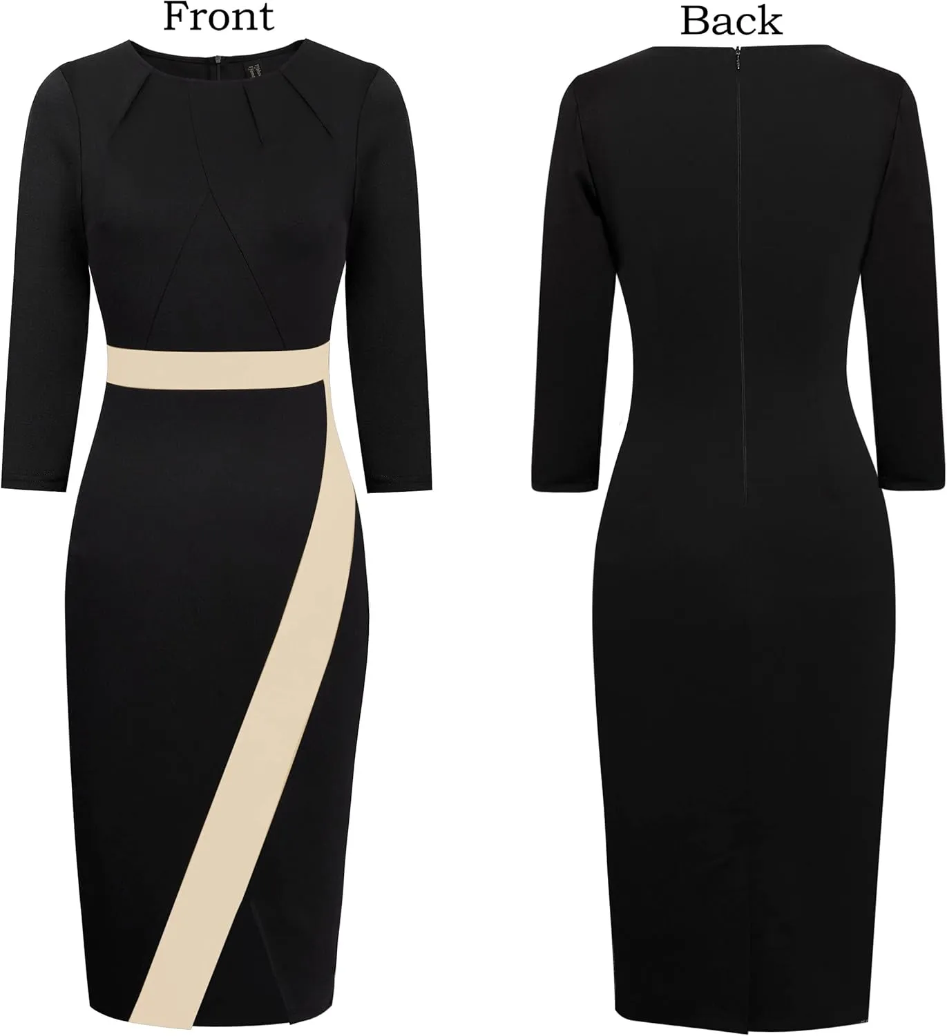 VFSHOW Womens Pleated Crew Neck Front Slit Work Business Office Bodycon Sheath Pencil Dress