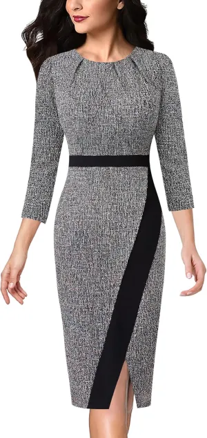 VFSHOW Womens Pleated Crew Neck Front Slit Work Business Office Bodycon Sheath Pencil Dress