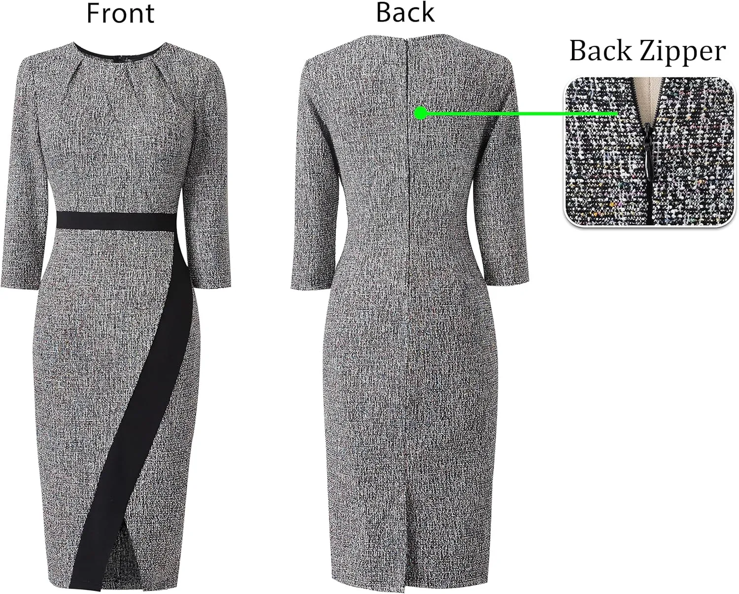 VFSHOW Womens Pleated Crew Neck Front Slit Work Business Office Bodycon Sheath Pencil Dress