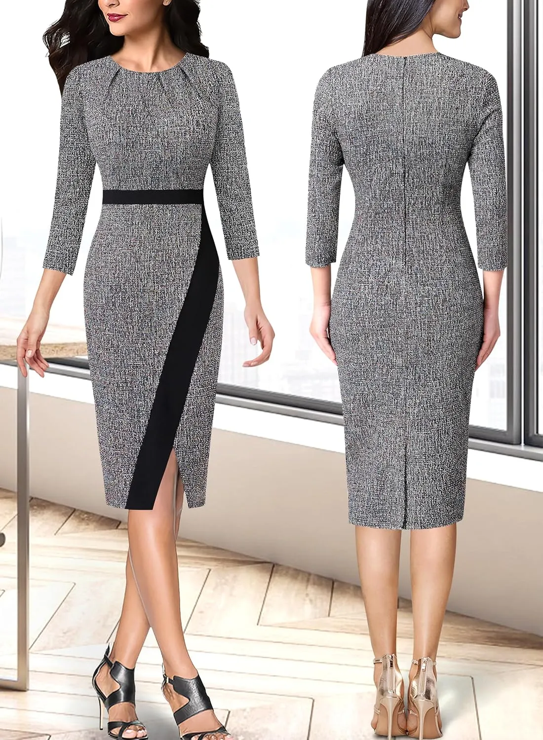 VFSHOW Womens Pleated Crew Neck Front Slit Work Business Office Bodycon Sheath Pencil Dress