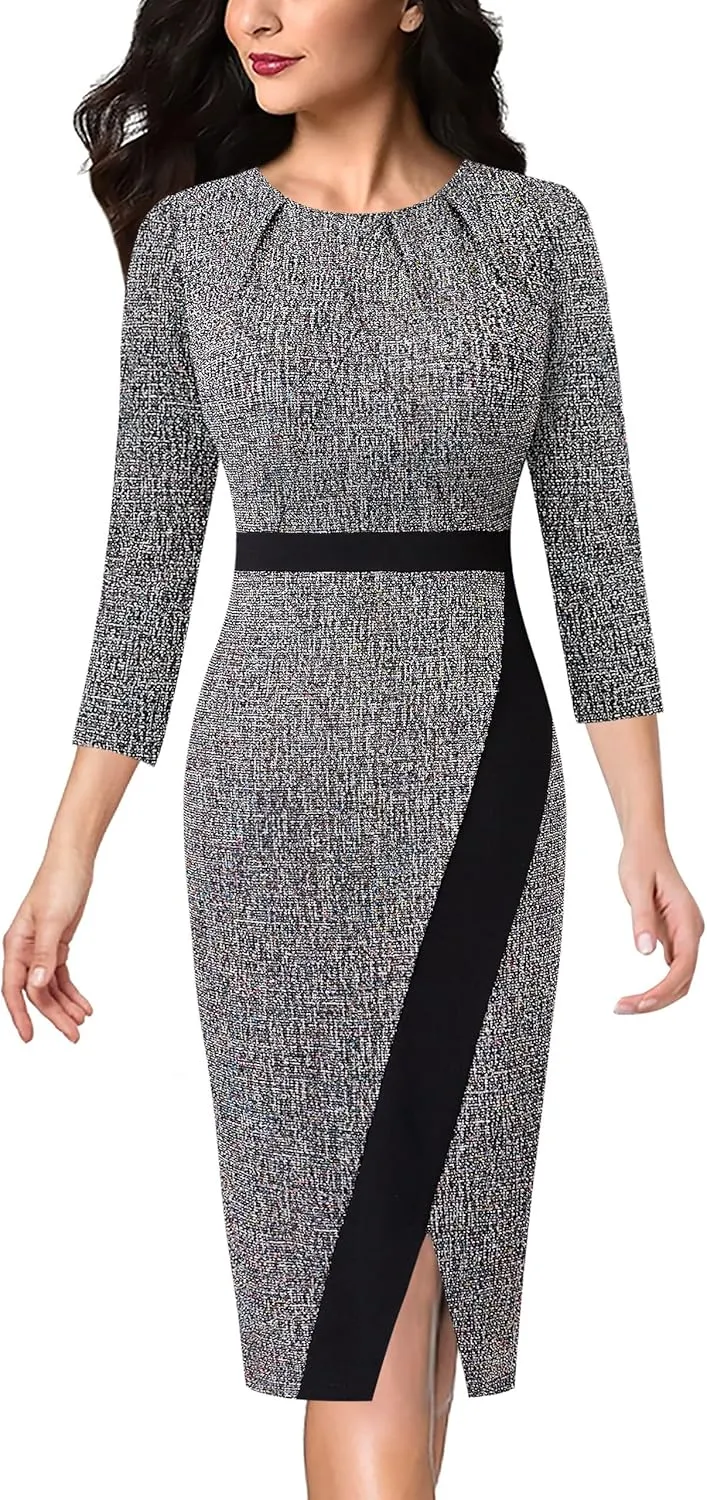 VFSHOW Womens Pleated Crew Neck Front Slit Work Business Office Bodycon Sheath Pencil Dress