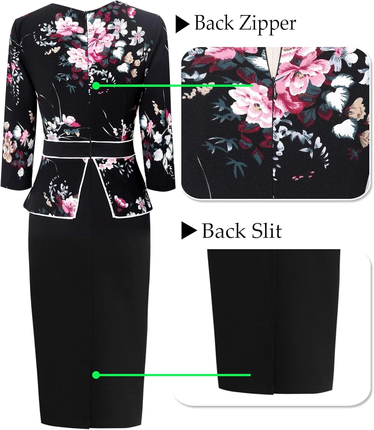 VFSHOW Womens Pleated Crew Neck Peplum Work Business Office Bodycon Pencil Sheath Dress