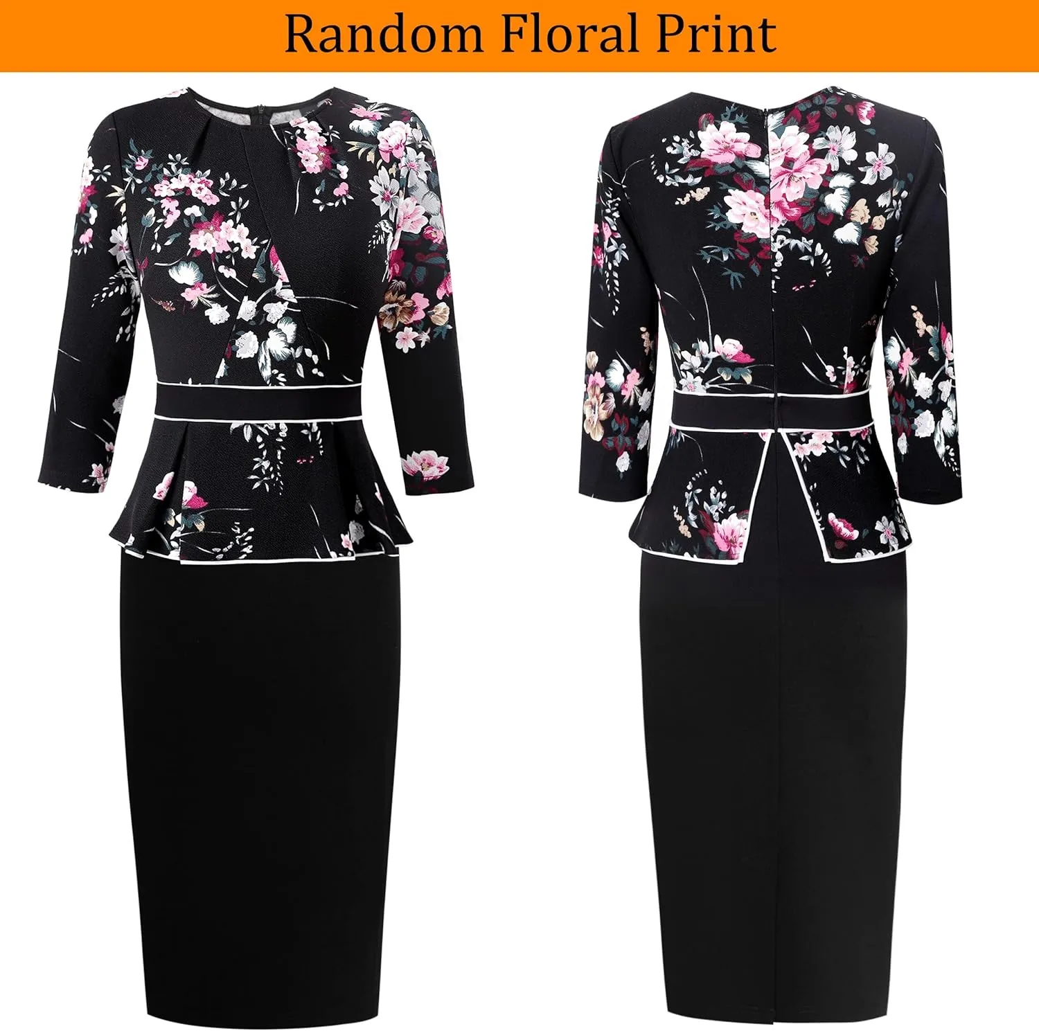 VFSHOW Womens Pleated Crew Neck Peplum Work Business Office Bodycon Pencil Sheath Dress