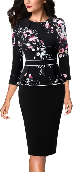VFSHOW Womens Pleated Crew Neck Peplum Work Business Office Bodycon Pencil Sheath Dress