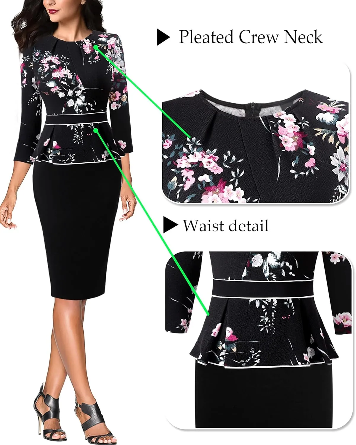 VFSHOW Womens Pleated Crew Neck Peplum Work Business Office Bodycon Pencil Sheath Dress