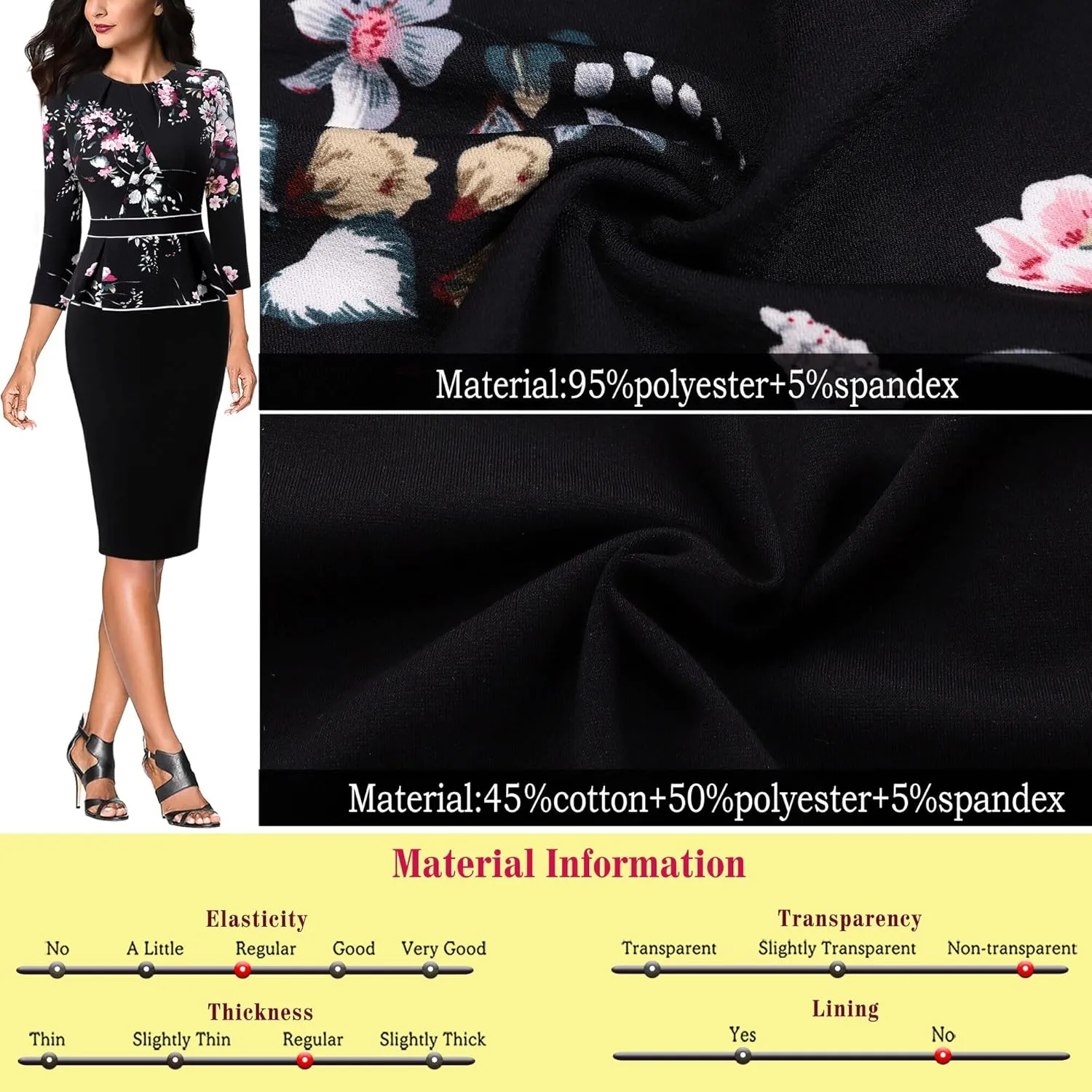 VFSHOW Womens Pleated Crew Neck Peplum Work Business Office Bodycon Pencil Sheath Dress