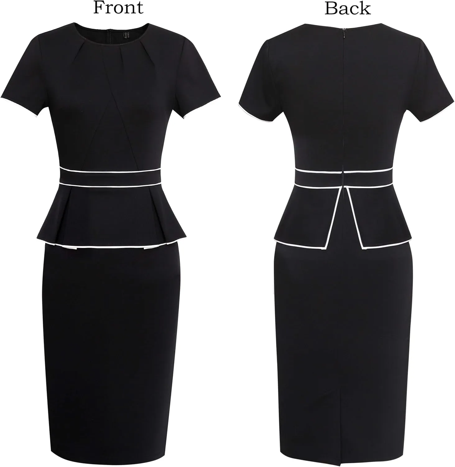 VFSHOW Womens Pleated Crew Neck Peplum Work Business Office Church Bodycon Pencil Sheath Dress