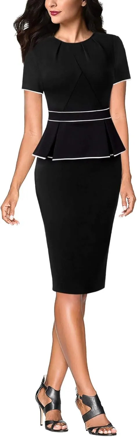 VFSHOW Womens Pleated Crew Neck Peplum Work Business Office Church Bodycon Pencil Sheath Dress