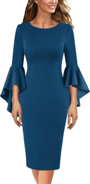 VFSHOW Womens Ruffle Bell Sleeves Business Cocktail Party Bodycon Pencil Sheath Dress