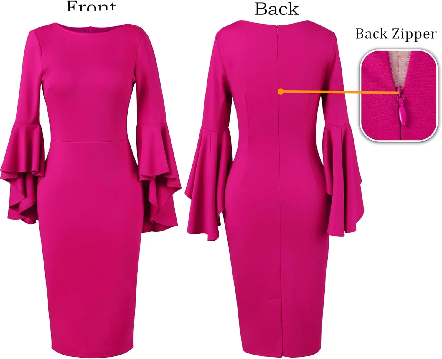 VFSHOW Womens Ruffle Bell Sleeves Business Cocktail Party Bodycon Pencil Sheath Dress