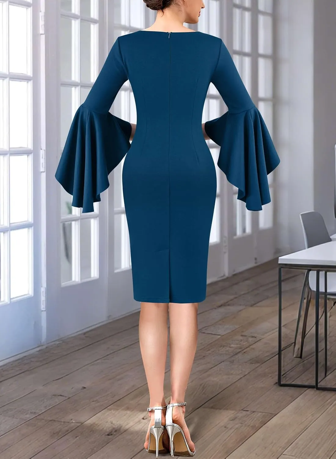VFSHOW Womens Ruffle Bell Sleeves Business Cocktail Party Bodycon Pencil Sheath Dress