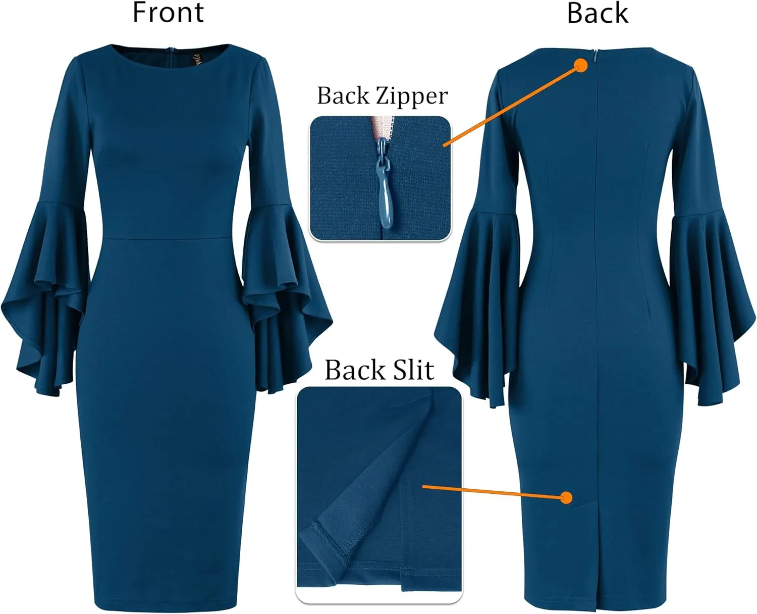 VFSHOW Womens Ruffle Bell Sleeves Business Cocktail Party Bodycon Pencil Sheath Dress
