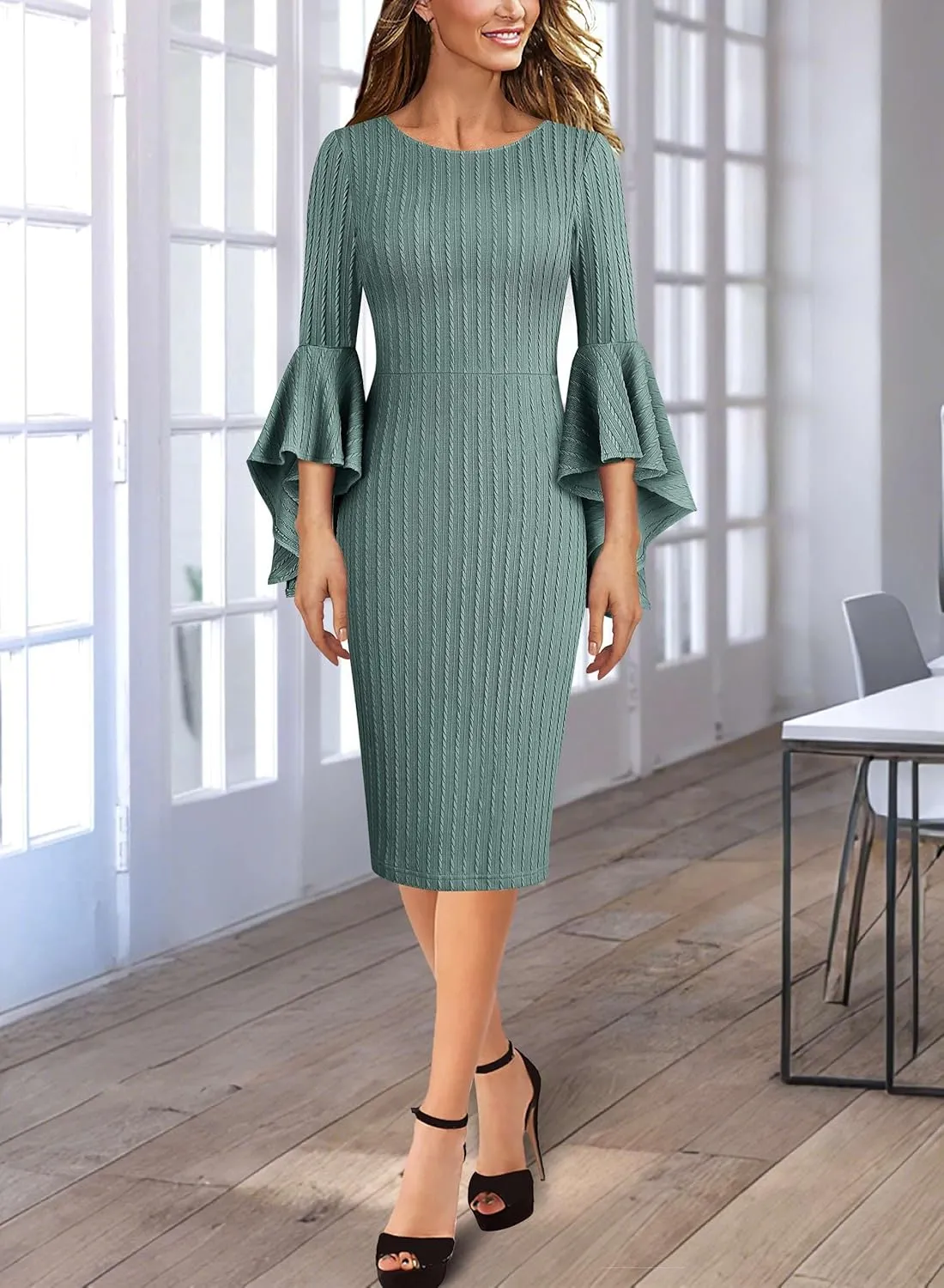 VFSHOW Womens Ruffle Bell Sleeves Business Cocktail Party Bodycon Pencil Sheath Dress