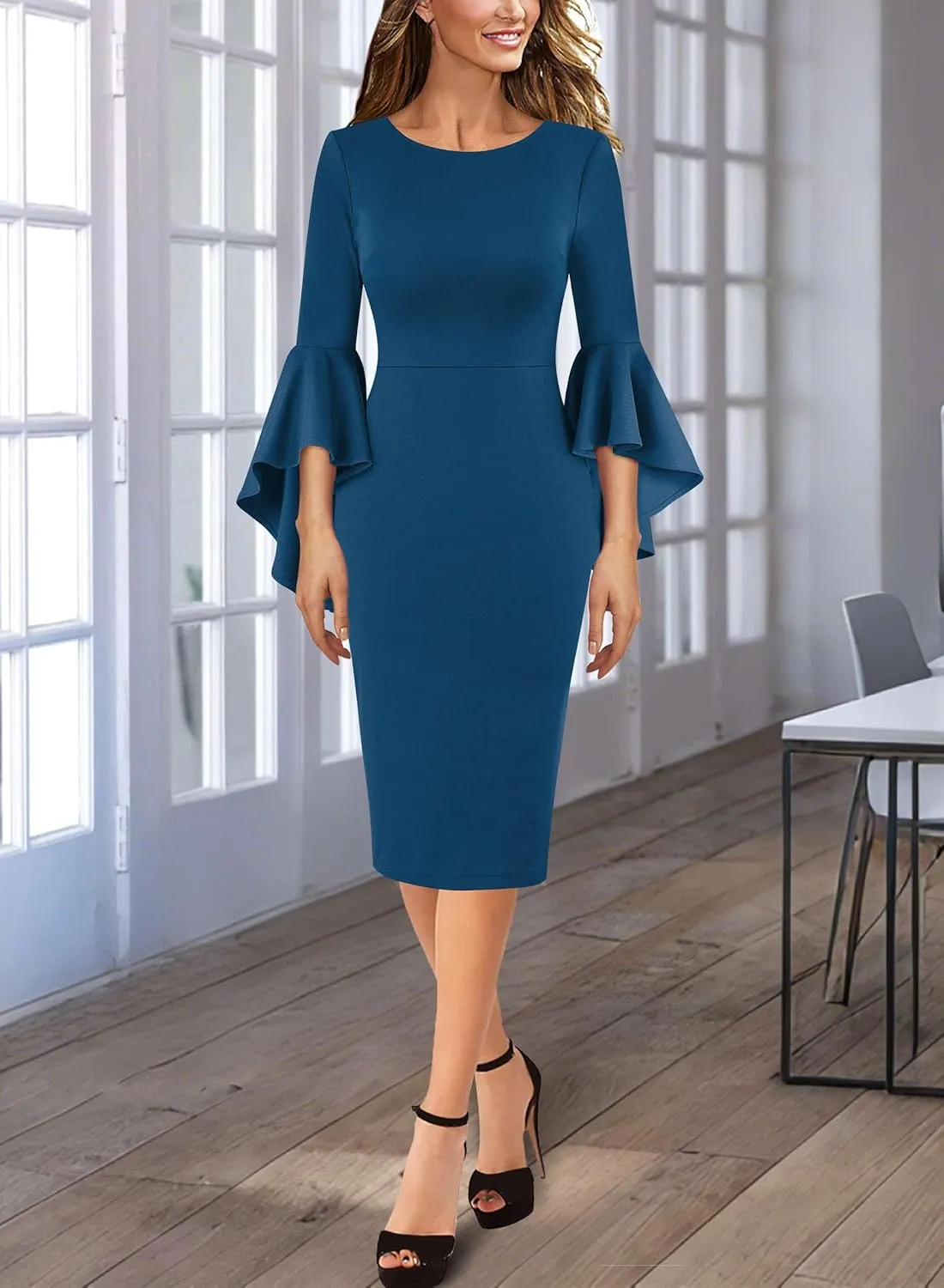 VFSHOW Womens Ruffle Bell Sleeves Business Cocktail Party Bodycon Pencil Sheath Dress