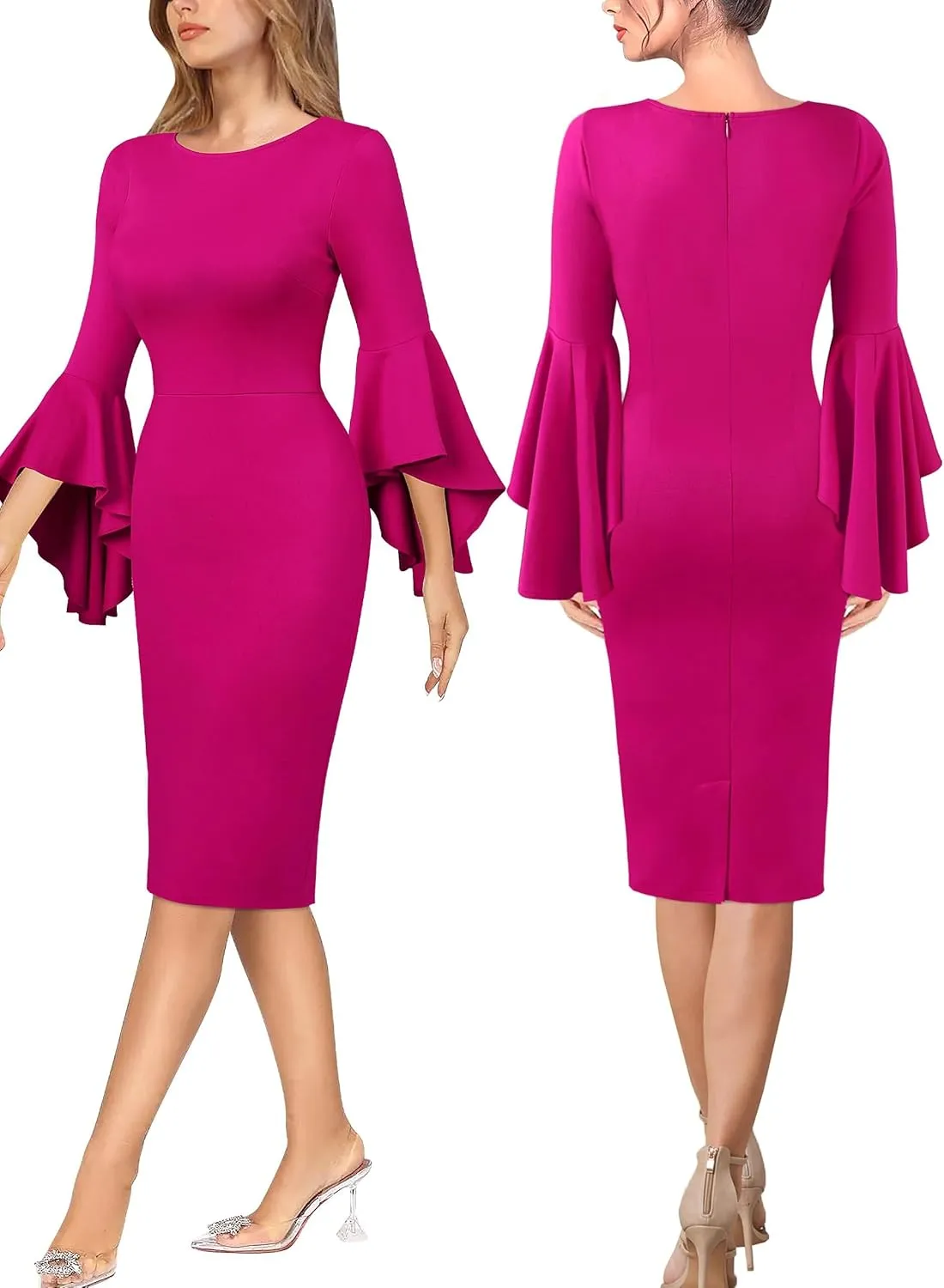 VFSHOW Womens Ruffle Bell Sleeves Business Cocktail Party Bodycon Pencil Sheath Dress
