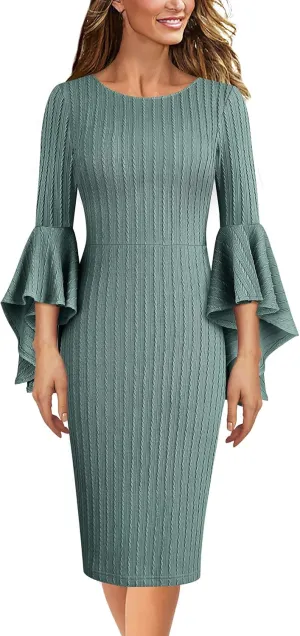 VFSHOW Womens Ruffle Bell Sleeves Business Cocktail Party Bodycon Pencil Sheath Dress