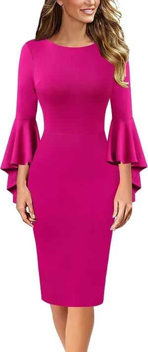 VFSHOW Womens Ruffle Bell Sleeves Business Cocktail Party Bodycon Pencil Sheath Dress