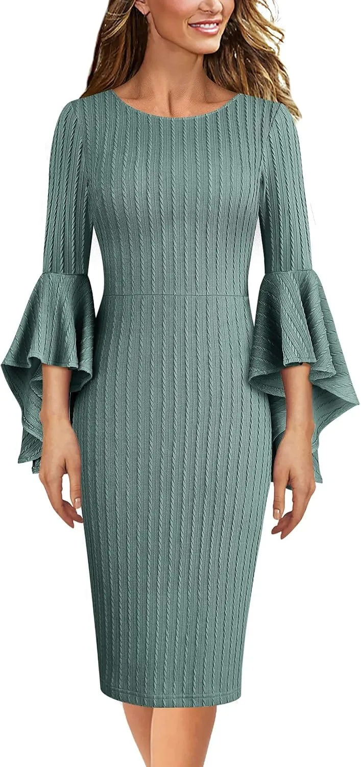 VFSHOW Womens Ruffle Bell Sleeves Business Cocktail Party Bodycon Pencil Sheath Dress
