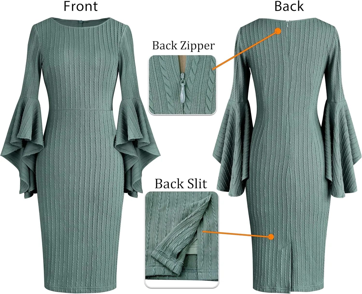 VFSHOW Womens Ruffle Bell Sleeves Business Cocktail Party Bodycon Pencil Sheath Dress