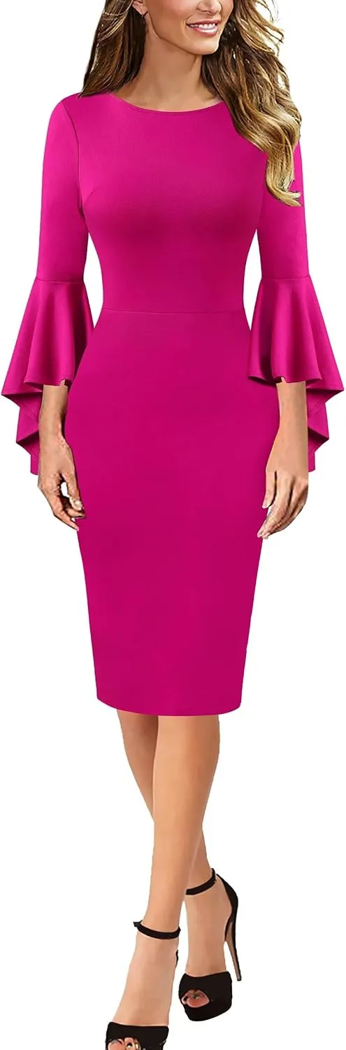 VFSHOW Womens Ruffle Bell Sleeves Business Cocktail Party Bodycon Pencil Sheath Dress