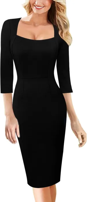 VFSHOW Womens Work Business Square Neck Bodycon Dress Office Retro Elegant Slim Fitted Pencil Sheath Dress