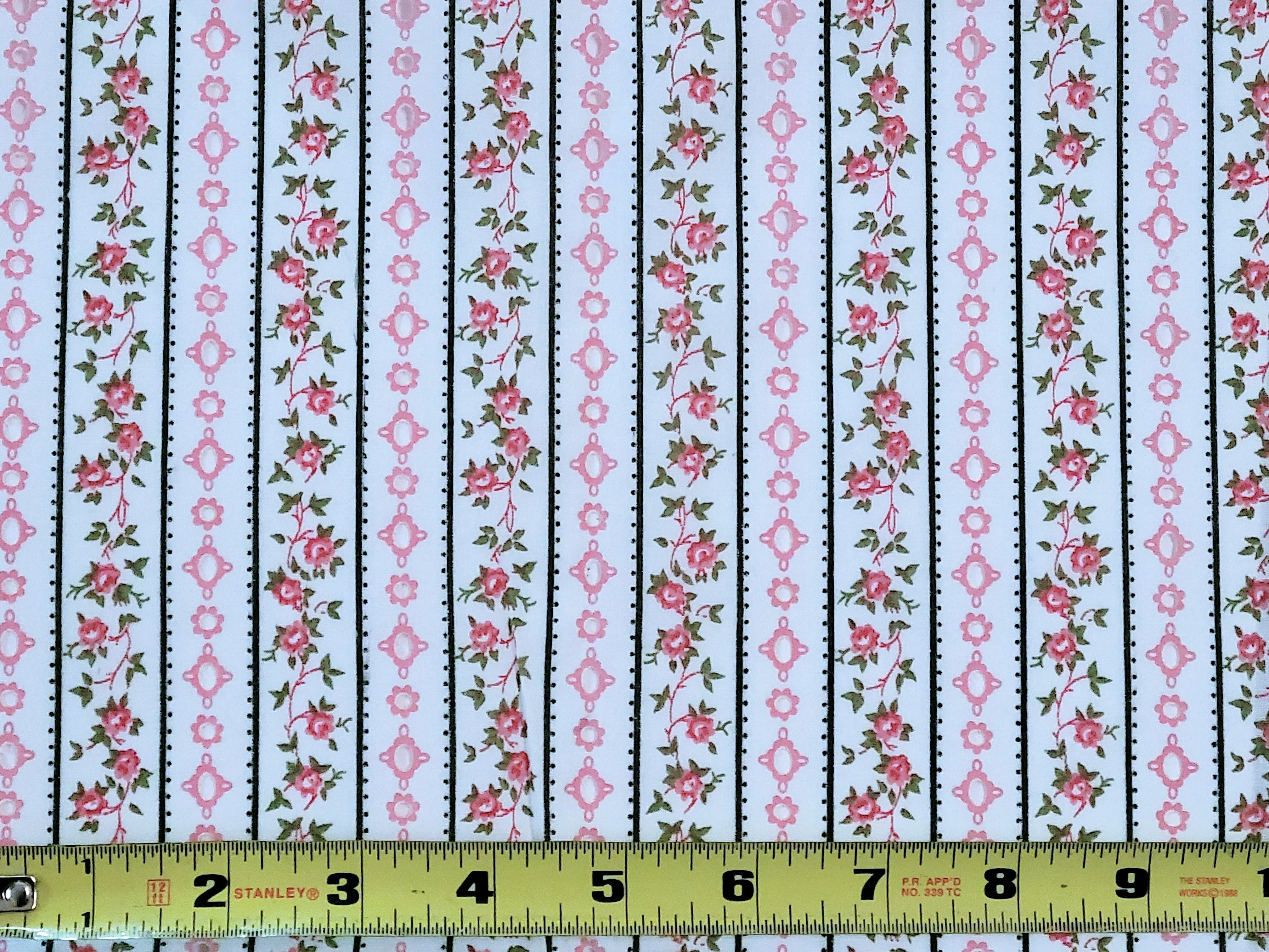 Vintage Fabric - Cotton - Eyelet - Pink Roses Print - Fabric Remnant - EEY515
