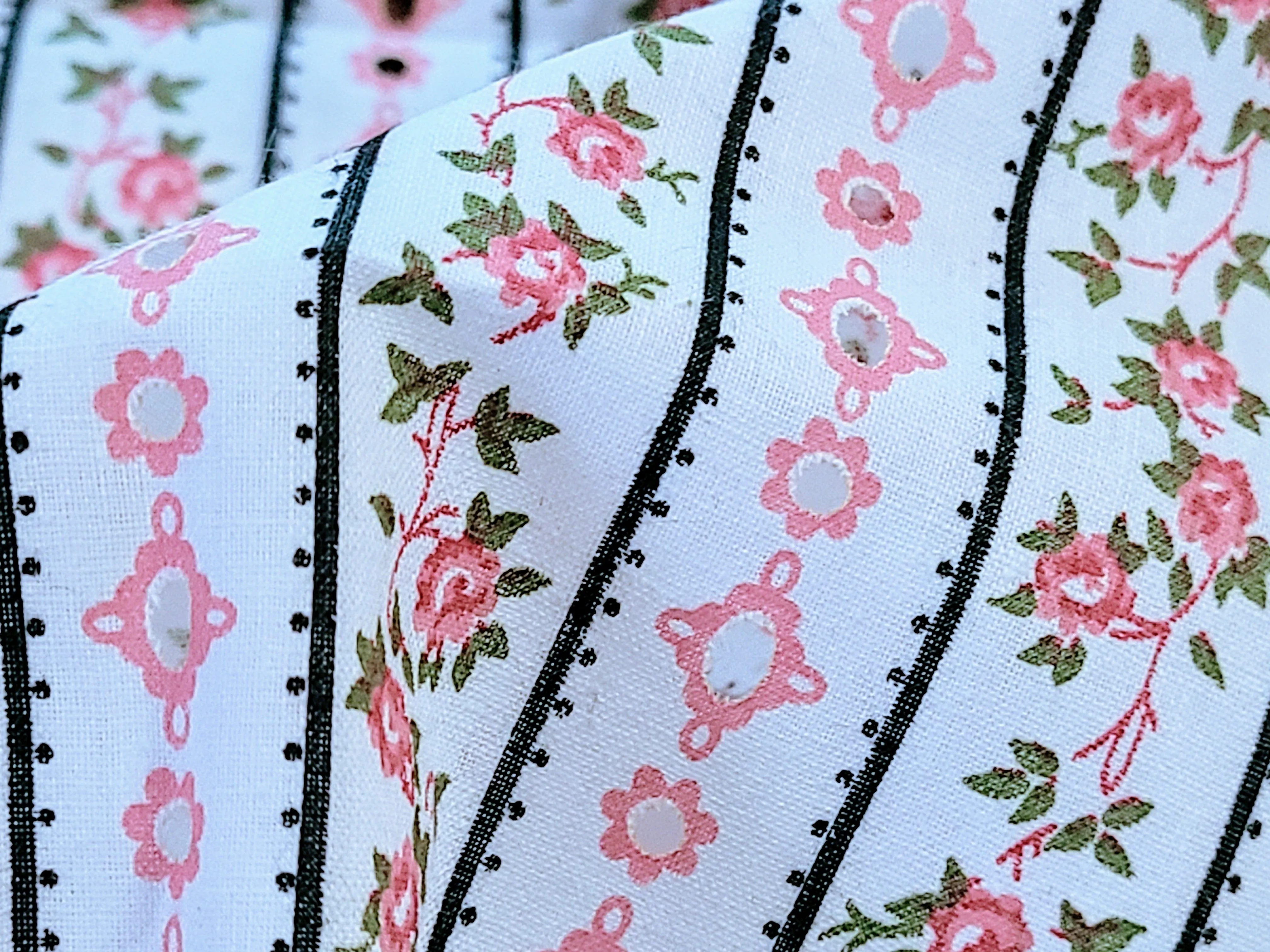 Vintage Fabric - Cotton - Eyelet - Pink Roses Print - Fabric Remnant - EEY515