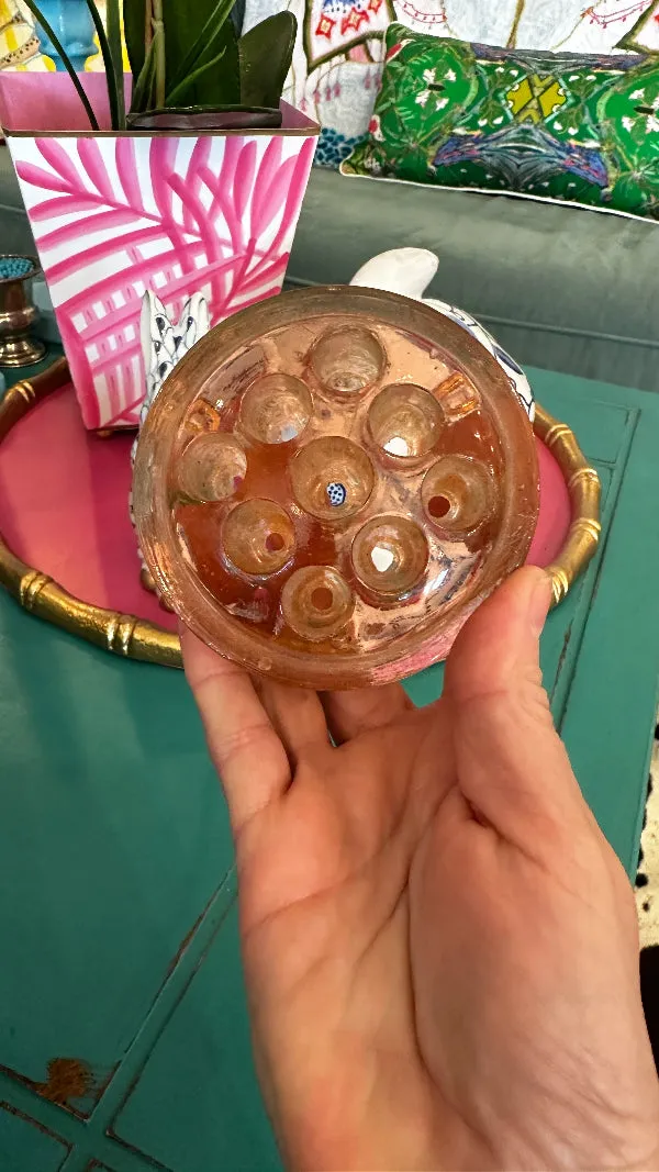Vintage Flower Frog, Pink Glass, 9 Holes