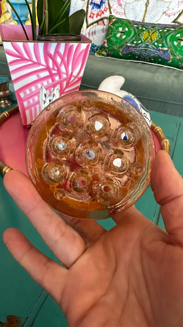Vintage Flower Frog, Pink Glass, 9 Holes