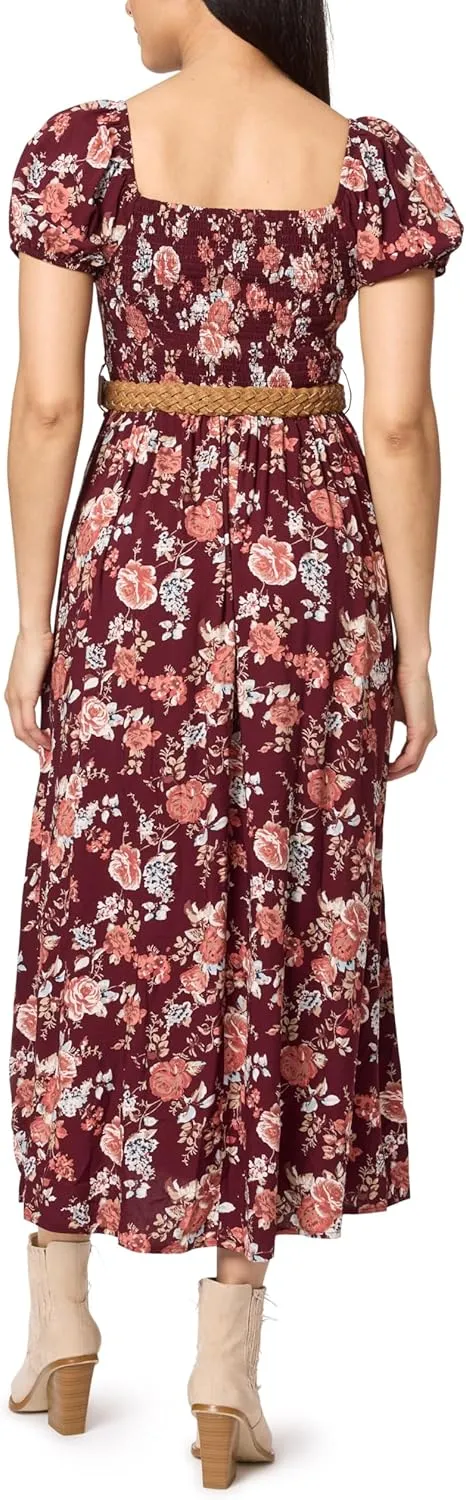 WallFlower Women's Alma Rayon Challis Puff Sleeve Smocked Belted Maxi Dress