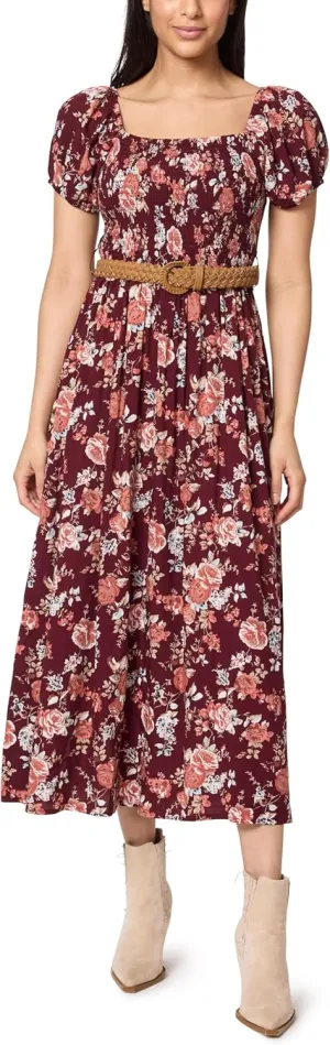 WallFlower Women's Alma Rayon Challis Puff Sleeve Smocked Belted Maxi Dress