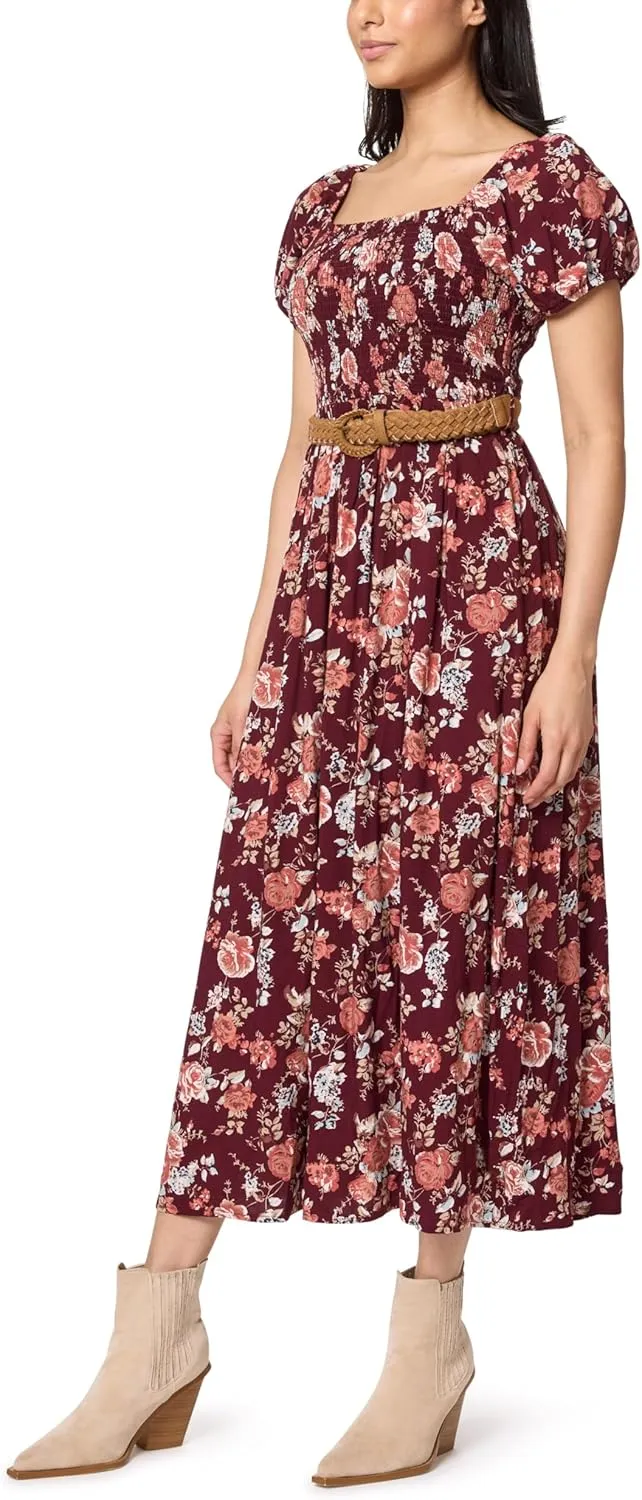 WallFlower Women's Alma Rayon Challis Puff Sleeve Smocked Belted Maxi Dress