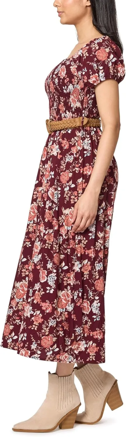 WallFlower Women's Alma Rayon Challis Puff Sleeve Smocked Belted Maxi Dress
