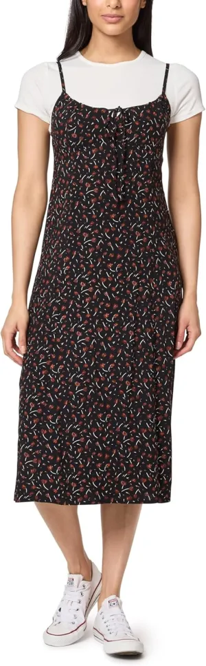WallFlower Women's Annie 2 Piece Yummy Rib Short Sleeve Tee and Rayon Challis Midi Dress Set