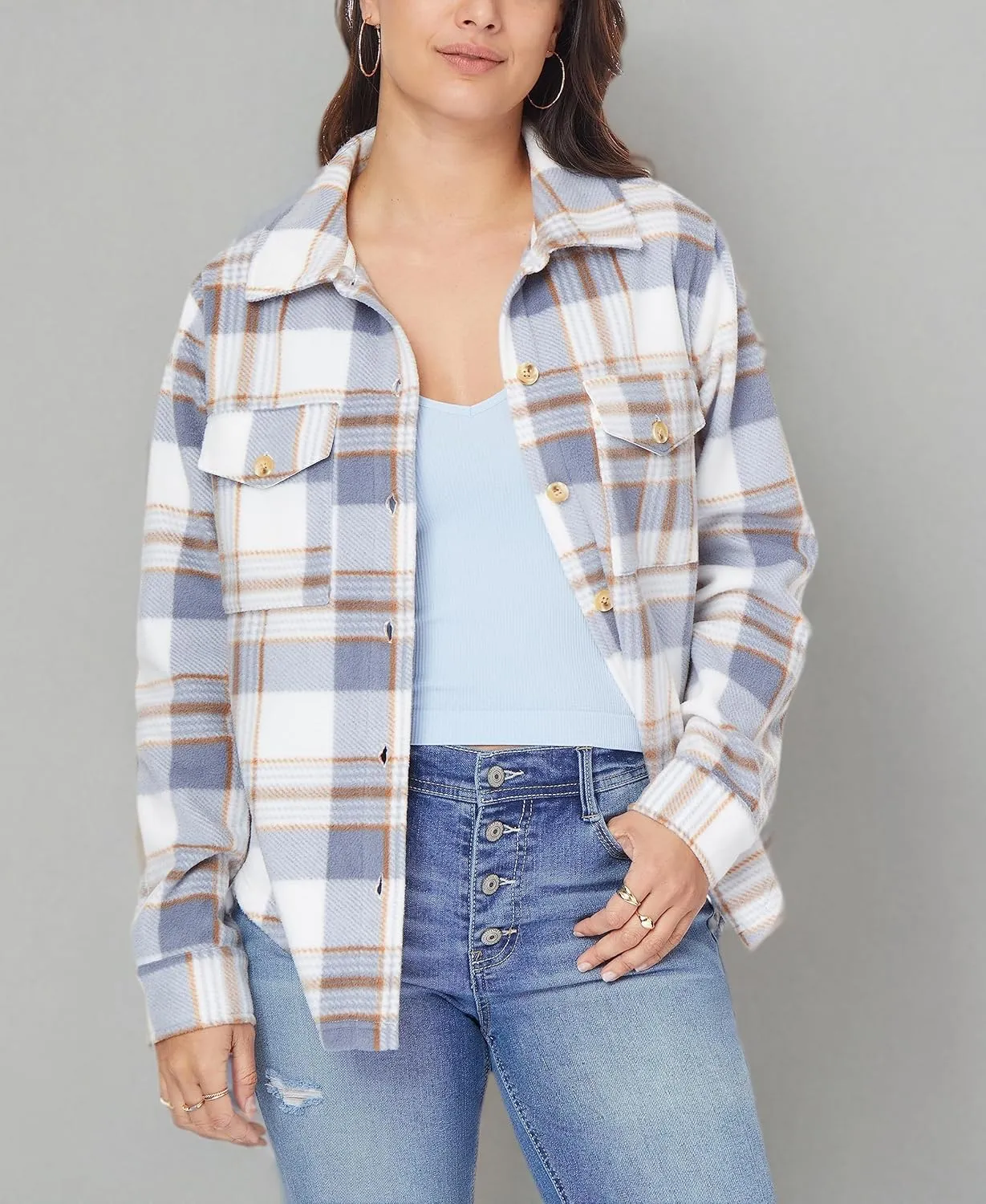 WallFlower Women's Taylor Polar Cozy Fleece Boyfriend Trendy Spring, Summer, and Fall Light Shacket Jackets