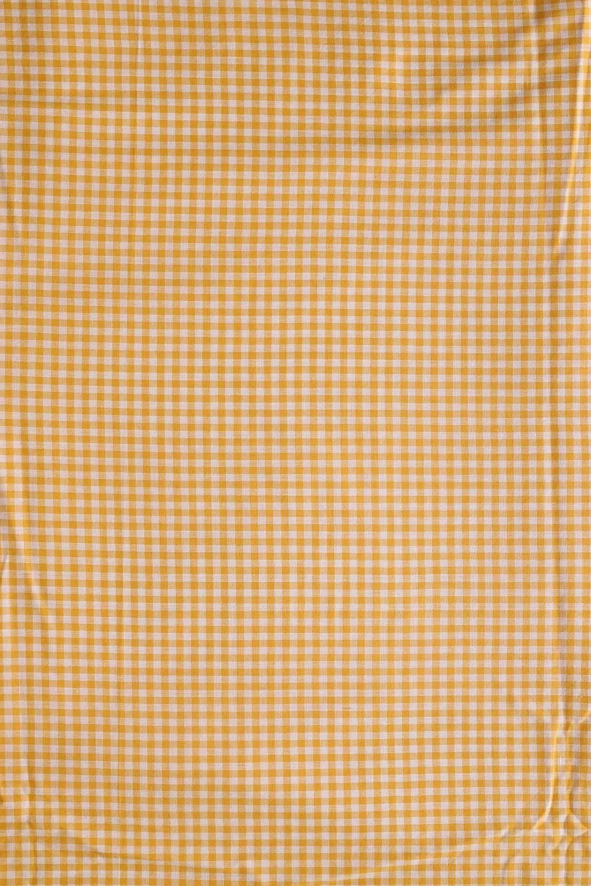 White And Yellow Small Checks Pattern On Handwoven Organic Cotton Fabric