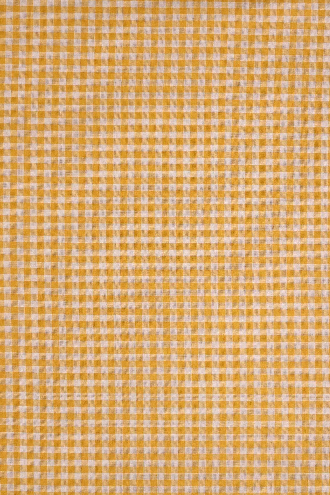 White And Yellow Small Checks Pattern On Handwoven Organic Cotton Fabric