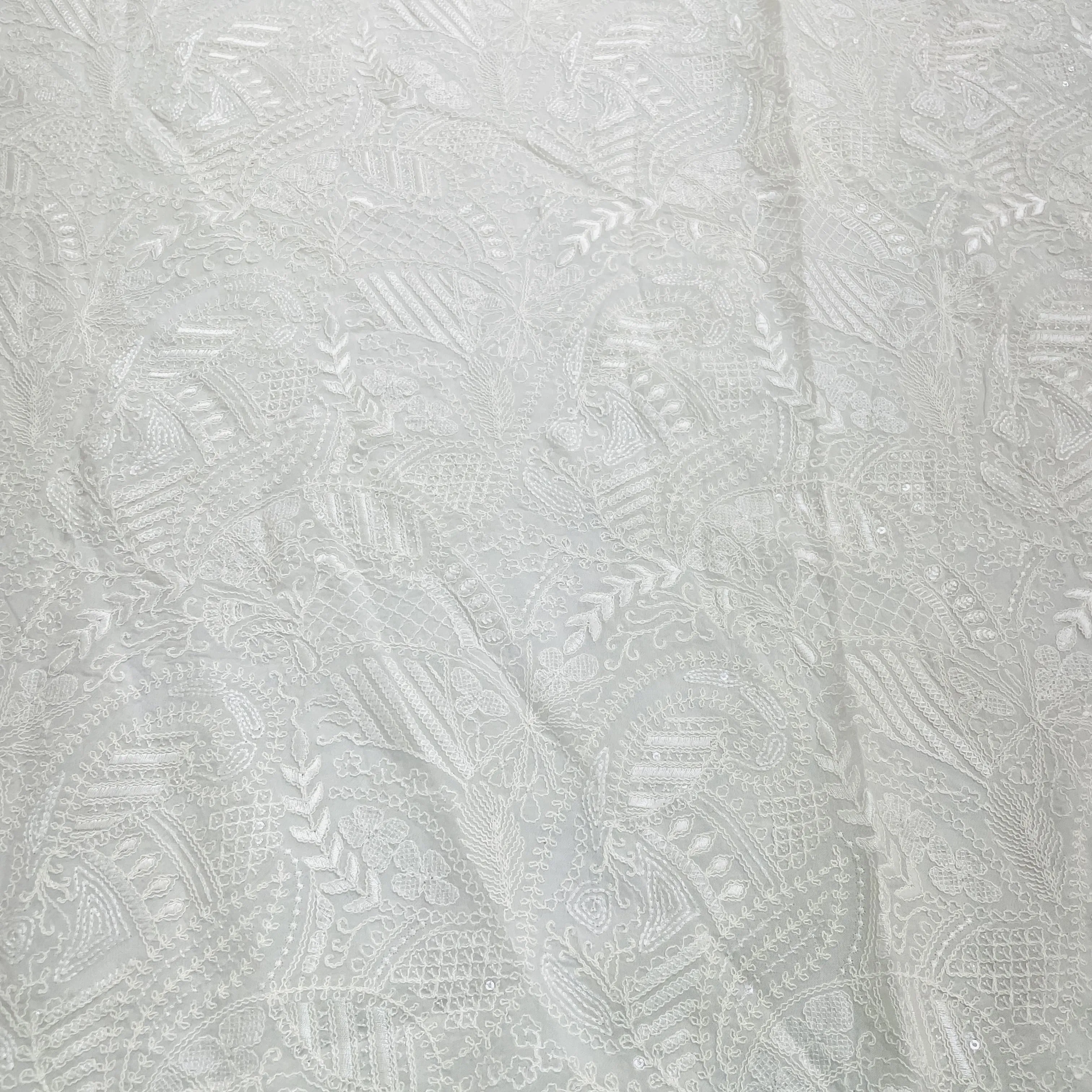 White Floral Sequins Embroidery Dyeable Organza Fabric