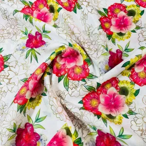 White Pink Floral Print Cotton Fabric 7