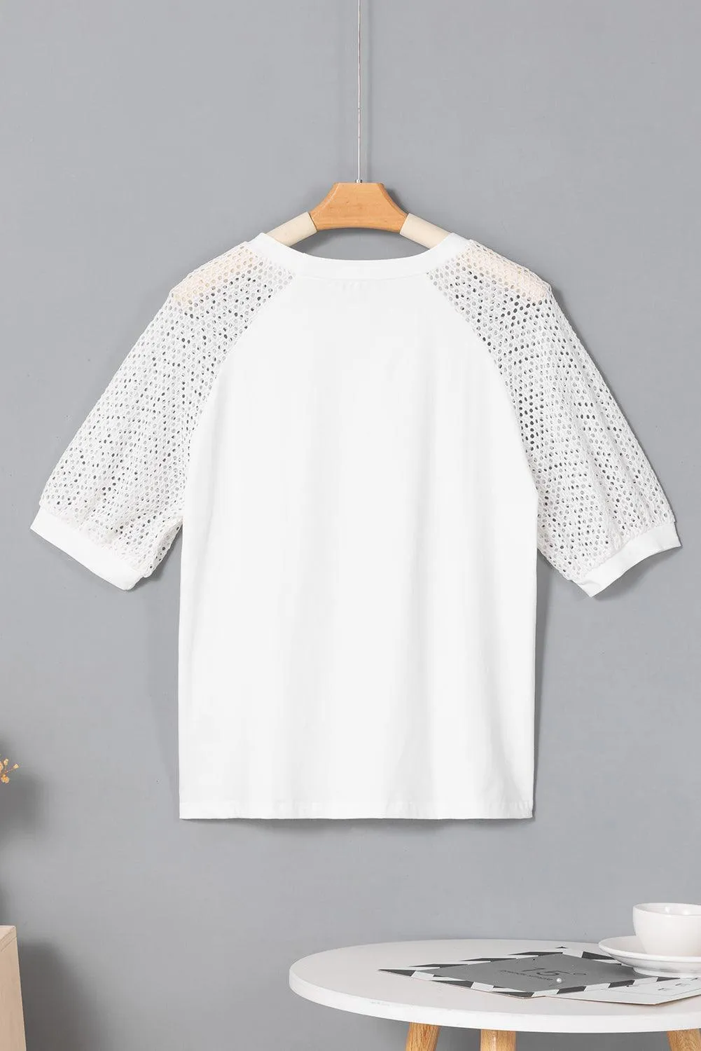 White Pointelle Lace Half Sleeve Crew Neck Tee for Women