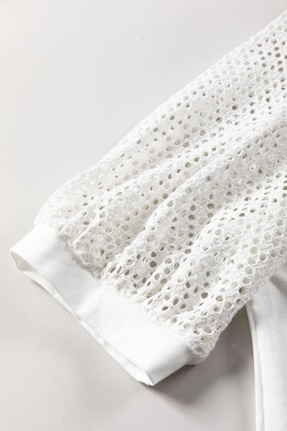 White Pointelle Lace Half Sleeve Crew Neck Tee for Women